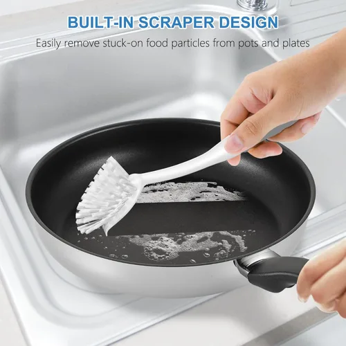 Miniatura 5 de SetSail Cepillo de platos con asa, paquete de 3 cepillos fregadores de platos de cerdas rígidas con raspador integrado para limpiar platos, ollas
