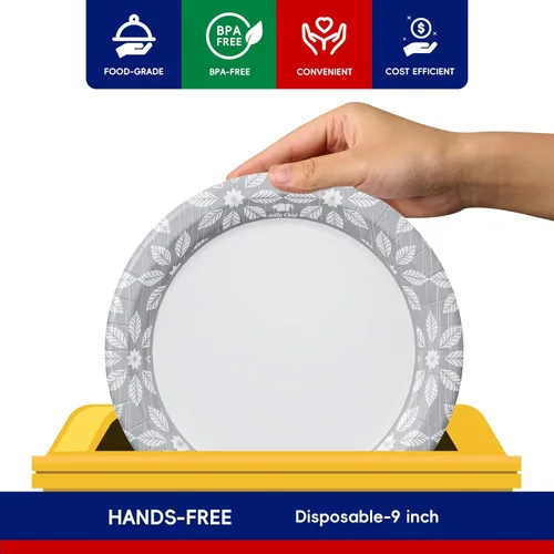 Miniatura 2 de JOLLY CHEF Paquete de 140 platos de papel desechables de 9 pulgadas, a prueba de remojo, a prueba de cortes, platos de papel impresos resistentes
