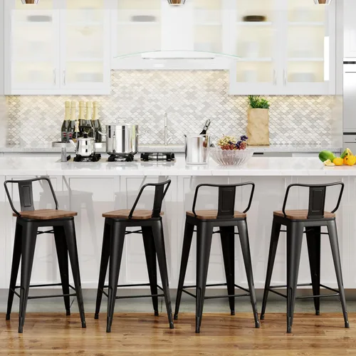 Miniatura 2 de Yongchuang Juego de 4 taburetes de bar giratorios de 26 pulgadas con respaldo, taburetes de bar industriales de metal negro con asiento de madera