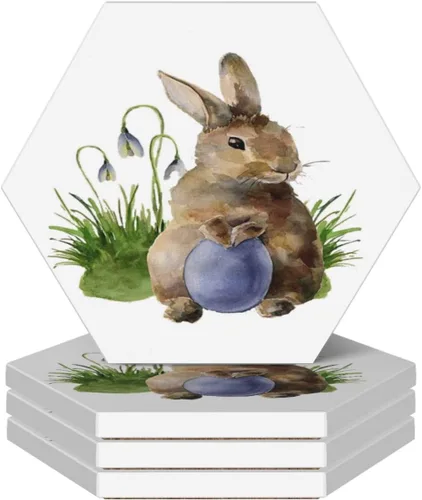 Juego de 4 posavasos de conejo de Pascua para bebidas, conejos y hojas, juego de 4 posavasos de cerámica absorbentes para mesa de café, tazas, bar,