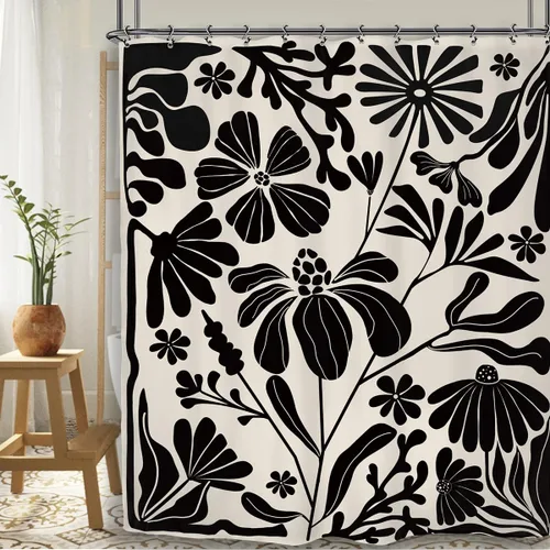 Cortina de ducha abstracta con flores de Matisse de 60 pulgadas de ancho por 71 pulgadas de alto, retro, negro, blanco, minimalista, neutro,