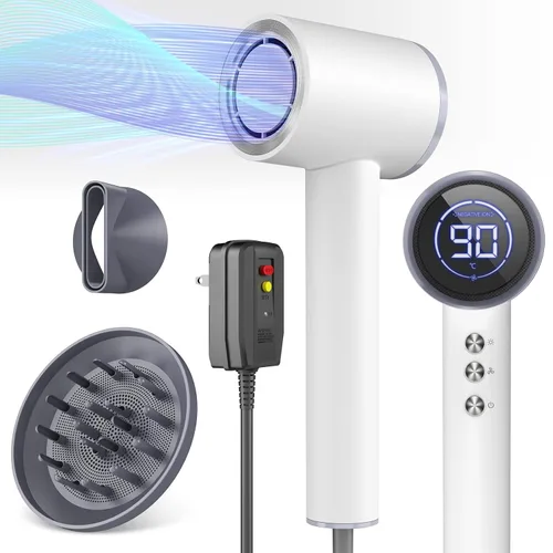 Miniatura 9 de Secador de pelo iónico de 1600 W con pantalla LED y boquilla magnética, portátil para mujeres, viajes, salón, hogar, blanco crema, HC03