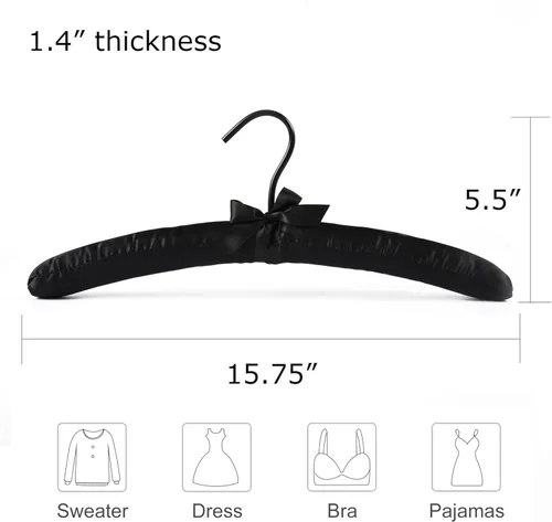 Miniatura 2 de Paquete de 5 perchas acolchadas de satén negro para suéter, colgador de blusa con espuma gruesa y suave para lencería de vestido de novia, colgador