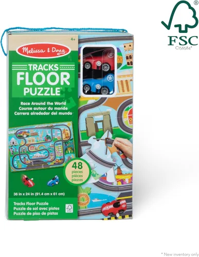 Miniatura 3 de Melissa & Doug Race Around The World Tracks - Rompecabezas de suelo de cartón y vehículos de cuerda (48 piezas) para preescolares y niños de 4+ años