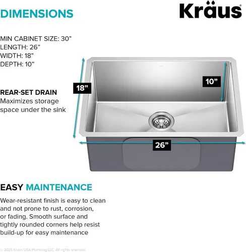 Miniatura 6 de Kraus Standart PRO - Fregadero de cocina empotrado con tazón individual de acero inoxidable, calibre 16, de 26 pulgadas, KHU100-26