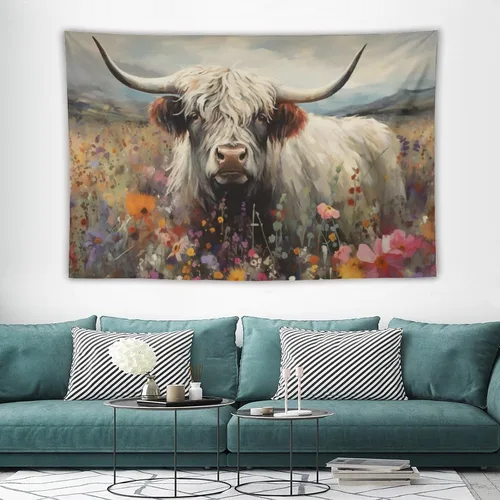 Miniatura 3 de FeoYoed Tapiz de vaca de las montañas para colgar en la pared, estético, lindo y divertido animal, decoración floral, dormitorio, sala de estar