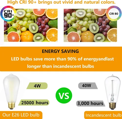 Miniatura 4 de Bombillas LED Edison regulables e26, 4 W, 40 W equivalentes, 400 lm, luz blanca cálida de 2700 K, AC120V, bombillas ST58 con acabado esmerilado