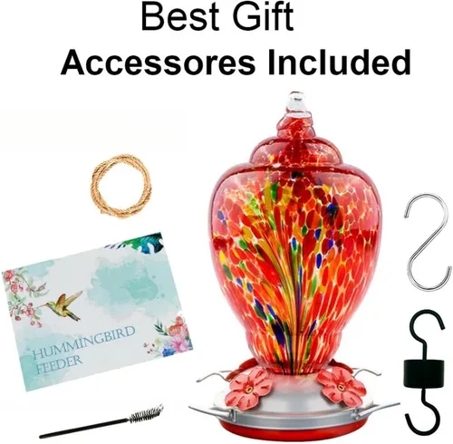 Miniatura 6 de WOSIBO Comedero para colibríes de exterior, grande, 32 onzas, diseño colorido de vidrio soplado, gancho para colgar, foso de hormigas, cuerda