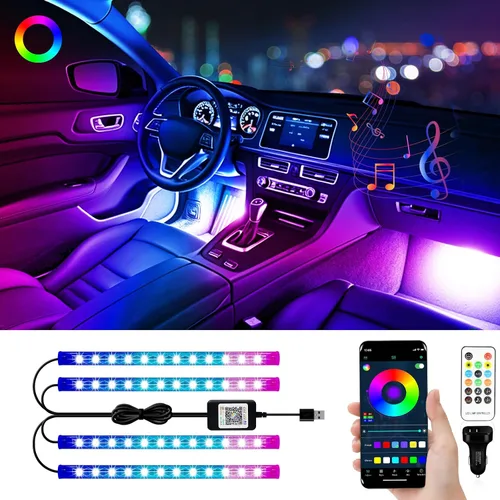 Miniatura 7 de YM E-Bright Tiras de luces LED RGB para automóvil con control de aplicación, mando a distancia inteligente, interior de neón debajo del salpicadero