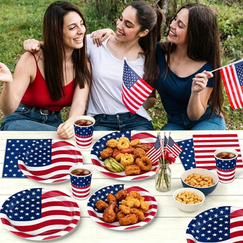 Miniatura 8 de 96 Pcs 4th of July Party Supplies Set, American Flag Patriotic Plates Napkins Cups, Disposable Red White Blue Star and Striped Dinnerware USA Flag