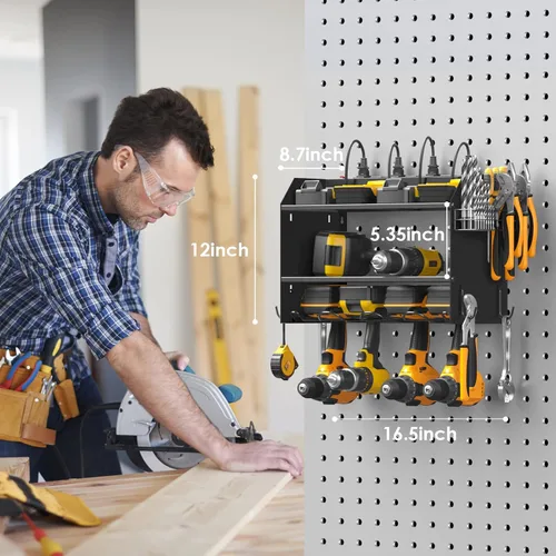 Miniatura 7 de CCCEI - Juego de organizador modular de herramientas eléctricas para montaje en pared con estación de carga Almacenamiento con ganchos para cochera