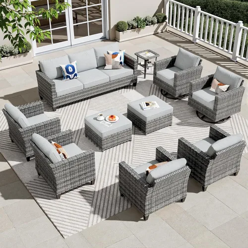 Miniatura 12 de ovios Juego de muebles de patio de 8 piezas, sofá de mimbre para exteriores con sillas giratorias, mecedora con cojines cómodos, juego de Beige