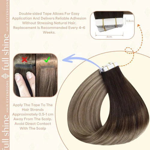 Miniatura 4 de Fshine Extensiones de cabello con cinta adhesiva de 22 pulgadas, extensiones de cabello real con raíces oscuras de degradado a marrón con reflejos #