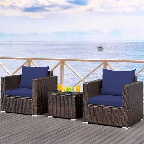 Miniatura 7 de RELAX4LIFE Juego de sofá de mimbre de 3 piezas, juego de sofá de ratán para patio al aire libre con cojines lavables y mesa de centro de vidrio Azul