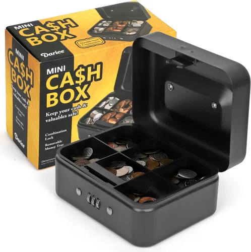 Darice Caja de seguridad para dinero – Caja de dinero mediana con bandeja de dinero y candado – Caja de seguridad – Organizador para billetes,