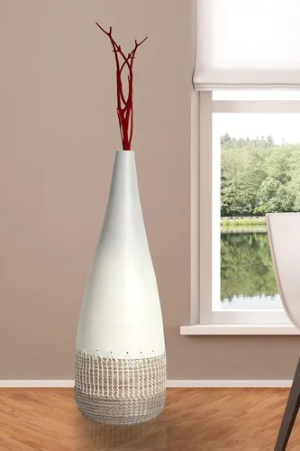 Miniatura 7 de Jarrón alto de bambú tejido a mano y hierba marina: acento ecológico para decoración del hogar, decoración bohemia costera orgánica, cerámica
