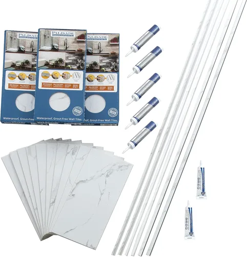 Palisade Kit de azulejos de vinilo entrelazados impermeables para ducha y bañera en mármol Carrara de 23.2 x 11.1 pulgadas Mármol de Carrara