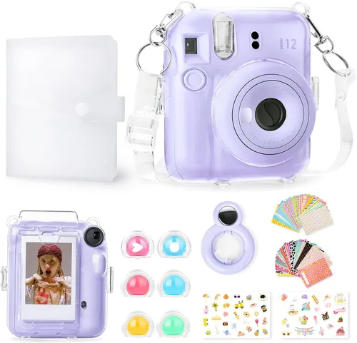 Miniatura 12 de Rieibi Funda transparente compatible con Fuji Instax Mini 12 – Funda con purpurina para cámara instantánea Fujifilm Instax Mini 12 con bolsillo