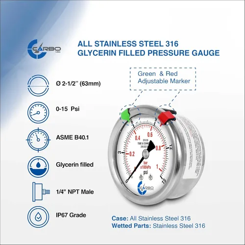 Miniatura 23 de Medidor de presión relleno de líquido de 300 PSI, dial de 2.5 pulgadas, montaje trasero 1/4 NPT, estuche 316 SS, 316 piezas mojadas SS, PSI/barra