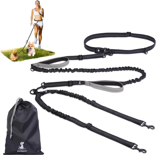 Miniatura 29 de SparklyPets Double Bungee Waist 2 Dog Leash with Back Brace – Dual Dog Leash for Medium/Large Breeds – Running Belt Fanny Pack with Phone, Waste