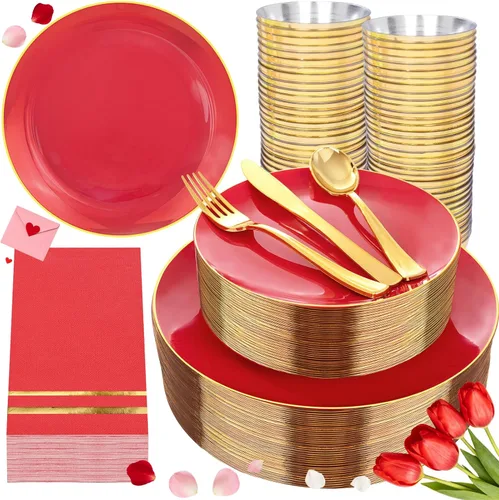Miniatura 9 de NOCCUR 700 platos de plástico dorados, juego de vajilla desechable dorada para 100 personas, incluye 200 platos de cena/postre, 300 cubiertos, 100