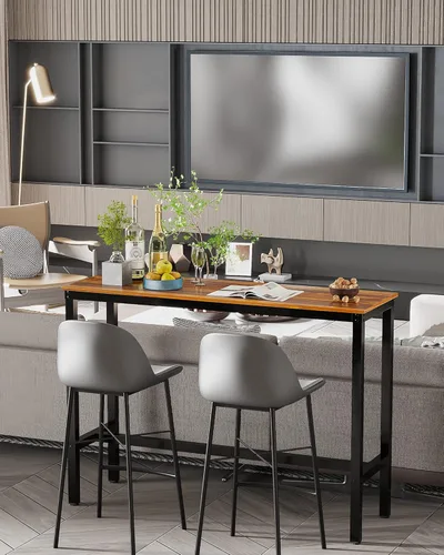 Miniatura 8 de Teraves Mesa de bar rectangular moderna, 39.37 x 17.71 x 39.37 pulgadas, parte superior de teca, base de metal negro, 4 plazas, uso en comedor y bar