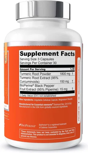 Miniatura 6 de Essential Elements Curcumina de cúrcuma - Soporte para articulaciones, corazón y cerebro - con BioPerine para una absorción óptima 1950 mg - 90