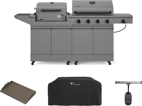 Tytus Anaheim 4-Burner Gas Grill with Prep Cart and Charcoal Grill + Cover, Light, Griddle Insert - Modular Outdoor Kitchen, Quick Assembly, Outdoor