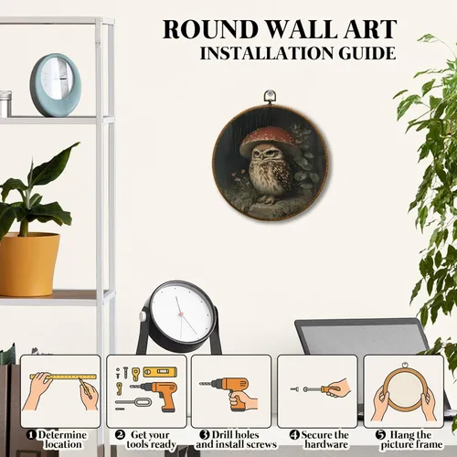 Miniatura 5 de JUIOEIU Decoración de pared redonda de búho de hongo con núcleo de cabaña, impresiones en lienzo enmarcadas con diseño de búho lluvioso oscuro