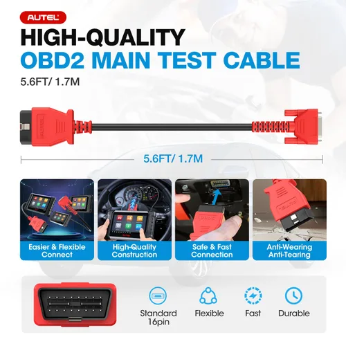 Miniatura 3 de Cable de prueba principal OBD2 Autel, original de 5.6 pies/1.7 metros, conector de prueba de diagnóstico OBDII de 16 pines DB15 compatible con serie