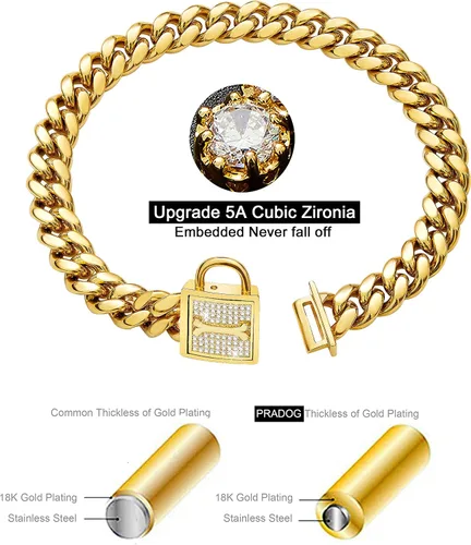 Miniatura 8 de Collar de cadena para perro con cierre de circonita de 0.472 in, cadena de eslabones cubanos de oro de 18 quilates, acero inoxidable, collar de lujo