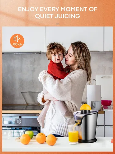 Miniatura 8 de FOHERE Exprimidor de Jugo de Naranja Exprimidor Eléctrico de Cítricos con Dos Conos Intercambiables Adecuado para Naranja, Limón y Pomelo, Acero