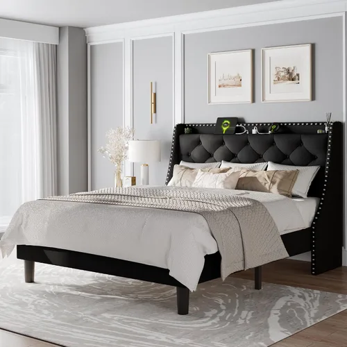 Miniatura 9 de Feonase - Base de cama tamaño completo con respaldo de alas de lujo y estación de carga rápida, base de cama tapizada con botones y cabecera