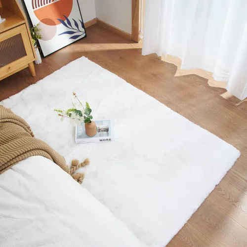 Miniatura 2 de Ghouse Alfombra ultrasuave de pelo sintético de conejo, alfombras lavables a máquina para dormitorio, alfombras esponjosas para sala de estar, Blanco