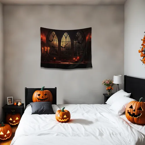 Miniatura 2 de QGHOT Tapiz de Halloween para colgar en la pared, tapiz de castillo de terror con ventana gótica, fondo espeluznante medieval, tapices