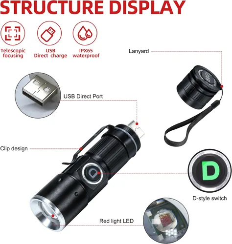 Miniatura 2 de DARKDAWN Linterna de Luz Roja Recargable USB, Mini Linternas LED de Luz Roja Enfoque Ajustable, Linterna Portátil con Clip de Bolsillo para Pesca