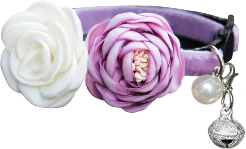 Collares de gato Fupo morados para niñas, collar de gatito separable con campana y flores 2-Púrpura