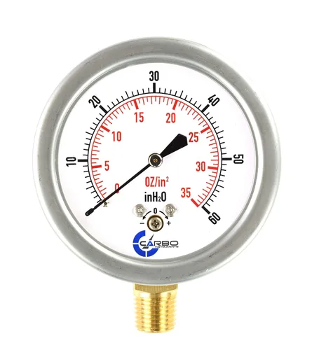Miniatura 13 de Diafragma baja presión cápsula manómetro, 2-1/2" dial, 0-8 oz/0-15in H2O Rango, 1/4" NPT montaje inferior, caja de acero inoxidable, latón internos