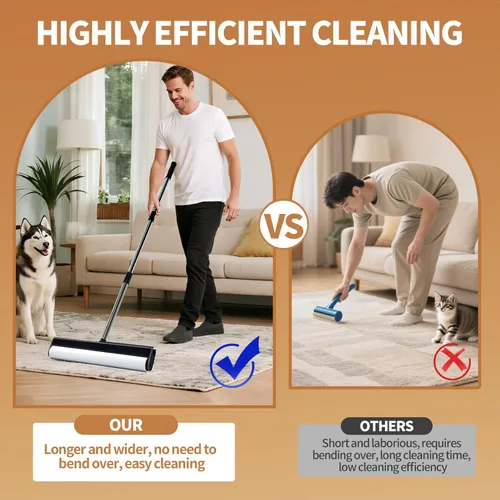 Miniatura 4 de Rodillos grandes de pelusa para alfombras, rodillos extra adhesivos de 15.74 pulgadas para suelo con 4 asas extensibles, trapeador adhesivo de mango