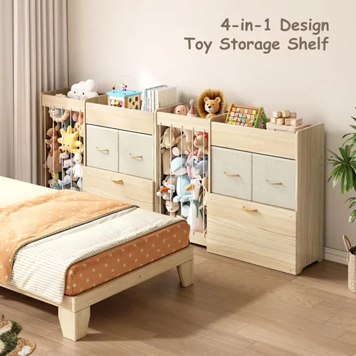 Miniatura 8 de EXPERLAM Organizador de almacenamiento de juguetes con soporte para animales de peluche, estante de juguetes de madera maciza para niños con 2
