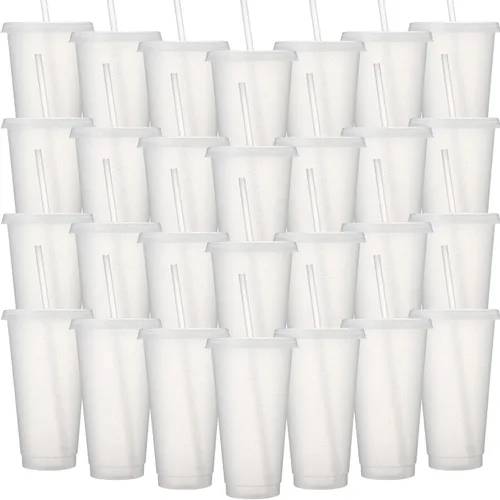 Miniatura 11 de Honeydak Paquete de 60 vasos con popote y tapa, vasos a granel para regalos, tazas de café de plástico con purpurina de 24 a 27 onzas, botella