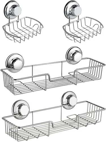 SANNO Carrito de ducha con ventosas con soporte para jabón, cesta de ducha de acero inoxidable inoxidable montado en la pared