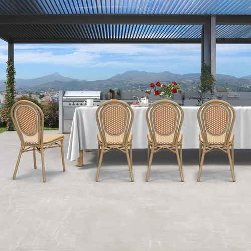 Miniatura 19 de PURPLE LEAF Juego de 1 silla de comedor al aire libre, marco de aluminio francés en acabado de bambú con ratán tejido ámbar y blanco para cocina