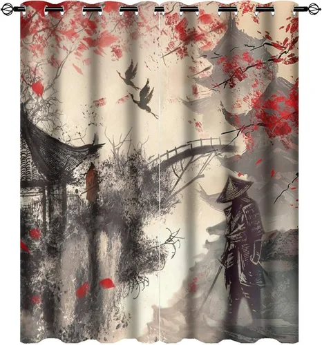 Miniatura 29 de Cortinas opacas abstractas japonesas samuráis para dormitorio, caballo samurái rústico, rojo, ojal, aislamiento térmico, cortinas de oscurecimiento