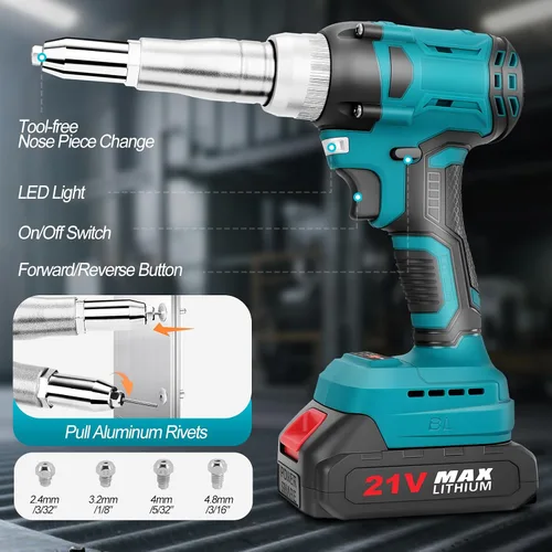 Miniatura 4 de Pistola de Remaches Inalámbrica con Batería de 2×2.0Ah, Herramienta de Pistola de Remaches Eléctrica Automática sin Escobillas Kit de Pistola
