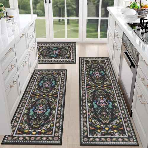 Miniatura 29 de HEBE - Juego de 3 alfombras de cocina de granja, antideslizantes, lavables, tapetes de cocina bohemios para suelo, alfombra de cocina, alfombra