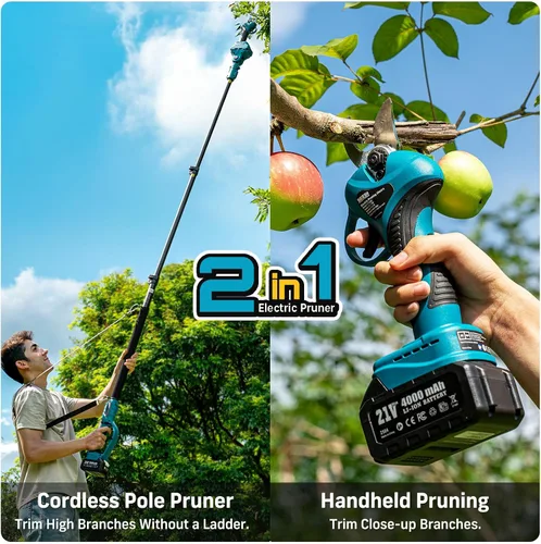 Miniatura 2 de Seesii Tijeras de podar eléctricas 2 en 1 con poste, alcance de 15 pies, diámetro de corte de 1.2 pulgadas, batería de 21V 4000mAh, podadora