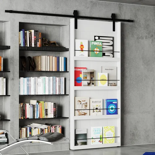 Miniatura 10 de BARNER HOME Puerta corrediza de granero de 30" x 84", puerta de granero estilo estante con kit de herrajes de 6 pies, hecha de MDF imprimado