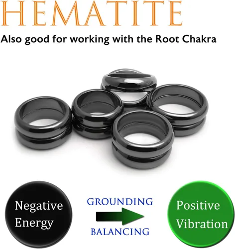 Miniatura 55 de Morchic - Anillos unisex de piedras de hematita, para equilibrar ansiedad, chakra raíz, (paquete de tamaños mixtos)