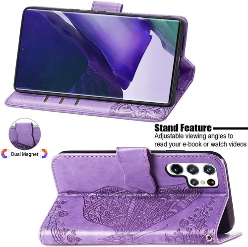 Miniatura 3 de Funda tipo cartera para Samsung Galaxy S22 Ultra 5G, piel sintética de alta calidad con diseño de mariposa en relieve, función atril, ranuras